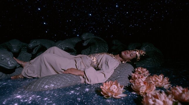 Person in ornate robes reclining on a multi-headed serpent sculpture under a starry sky for spiritual storytelling, cinematic fantasy concept and cultural mythology design