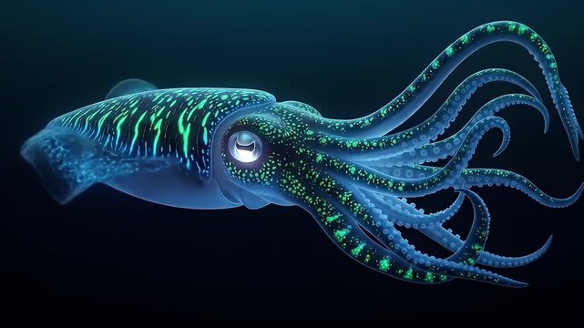 Glowing blue squid with green bio-luminescent markings swims in the deep dark ocean