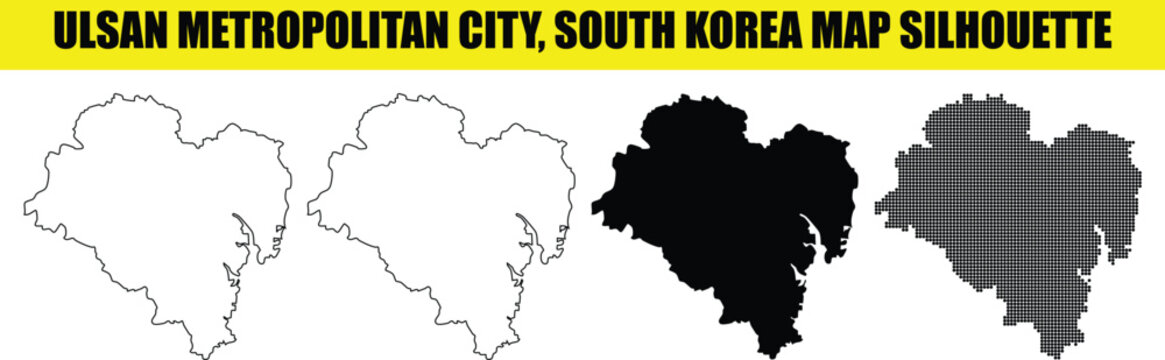 Ulsan metropolitan city south korea map silhouette professional vector set for geographical and regional projects.