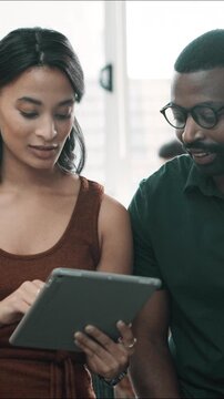 Team, people and tablet with advice in office for news headline ideas, story review and opinion. Editor, journalist or tech with discussion at coworking agency for fact checking, feedback or guidance