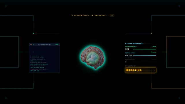 Artificial intelligence brain interface booting up with futuristic HUD activating neural network powering on