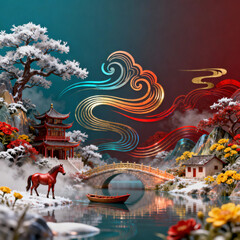 Obraz premium Red Horse in a Traditional Chinese Winter Landscape Thread‑Embroidery Art