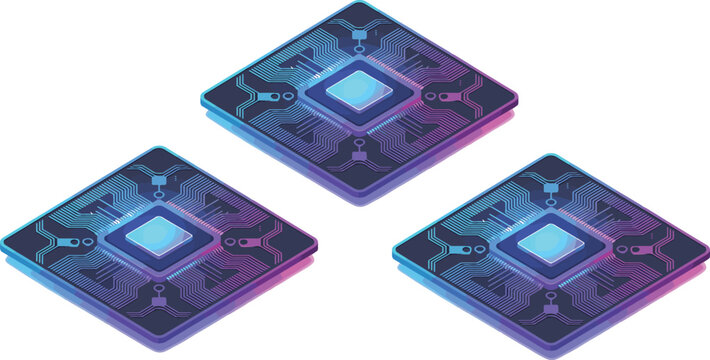 Cyber technology central processing unit illustration collection isolated on white background containing digital microchip square boards for tech hardware branding.