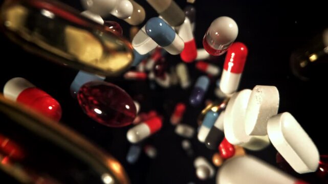 Dense mix of capsules and tablets swirl against black, polypharmacy Filmed on a high-speed camera at 1000 fps.