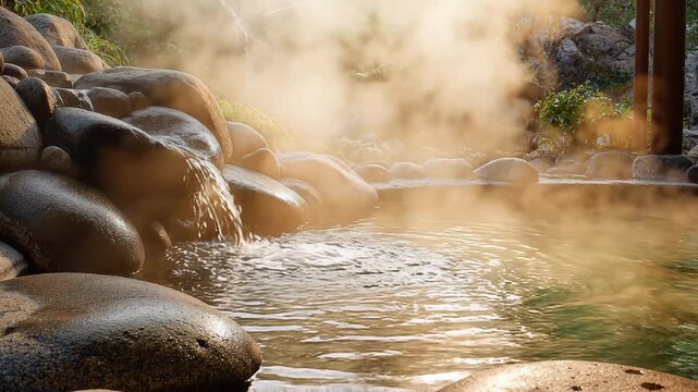 Steaming water flowing over rocks in a natural hot spring pool