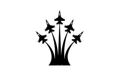 Stylized military jet silhouettes with blue smoke trails flying in V formation vector illustration © MD