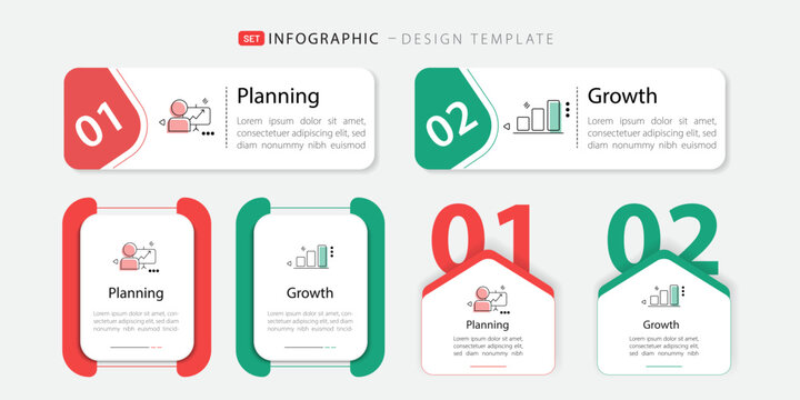 Business infographic design template set with 2 steps options processes for planning and growth workflow vector.