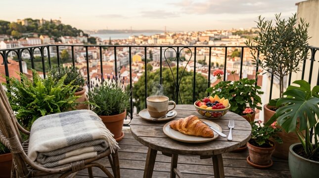 Rustic balcony breakfast with croissant coffee and fruit bowl on wooden table overlooking cityscape and river view