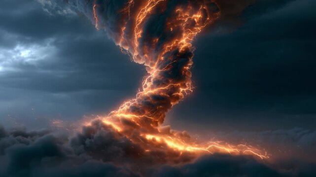 A breathtaking visual of a dynamic whirlwind formed by fiery energy, swirling amidst dark storm clouds, showcasing the raw power and beauty of nature's tumultuous forces.