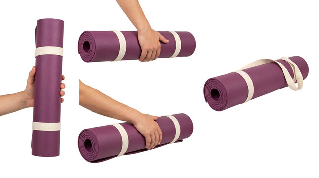 Purple yoga mat with white straps being isolated on white background, png transparent set, bundle collection, products festive celebration, event festival 2026, 2027 2028 download