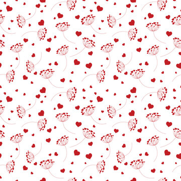 Seamless pattern of dandelion flowers with hearts on isolated background. Design for Valentines Day, Wedding, Mothers day celebration, greeting cards, invitations, scrapbooking, home decoration.