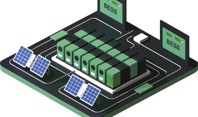 Isometric vector illustration of solar panels connected to battery energy storage system BESS for renewable power and sustainable electricity,. © Mousumi