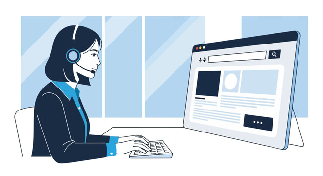 Customer service operator with headset typing on keyboard at desk with computer monitor