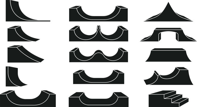 Skatepark ramp silhouette collection, extreme sports obstacle and stunt illustration, urban skateboarding equipment and recreation design concept