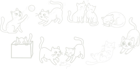 Fototapeta premium Collection of adorable cat line art illustrations in various playful poses and emotions