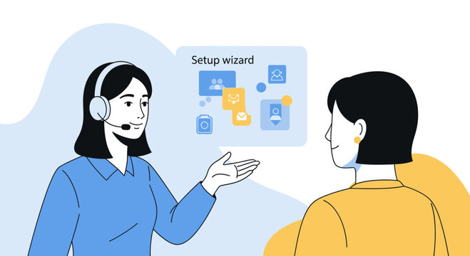 Customer support agent guiding client through setup wizard, flat illustration