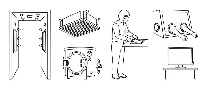 Cleanroom laboratory equipment vector icons for scientific research and sterile pharmaceutical manufacturing isolated in a clean minimalist line art style showing hazmat suit and autoclave machines