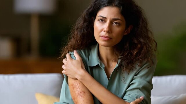 A Woman Reflects on Her Journey with Skin Conditions, Evoking Emotion and Resilience Through Her Thoughtful Expression in a Comfortable Living Space