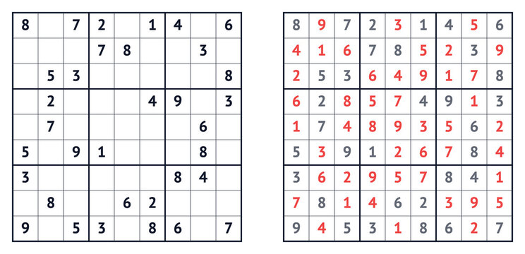 Sudoku puzzle grid with completed solution on right side  