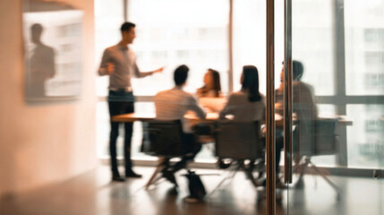 Fototapeta premium Blurred Business Meeting in Modern Office Conference Room with Professionals Collaborating Through Glass