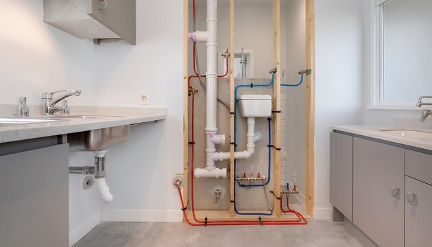 Exposed Plumbing and Water System Installation in a Modern Building Interior During Construction Showing White PVC Pipes and Red and Blue PEX Tubing