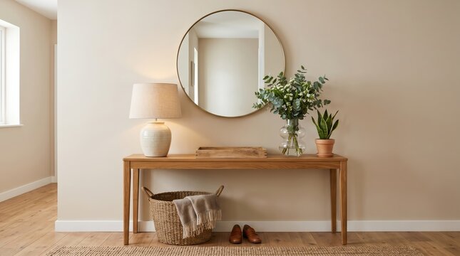 Simple entryway console table with round mirror lamp and plants against neutral wall in minimalist home foyer