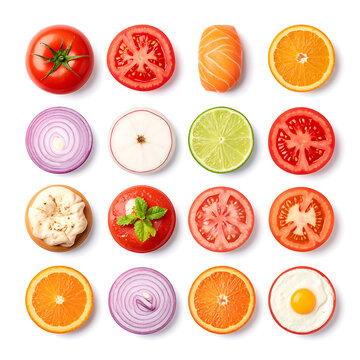 Collection of sliced fresh food ingredients including tomatoes, onions, oranges, lime, radish, salmon, cauliflower, and fried egg arranged in a grid pattern on a white background