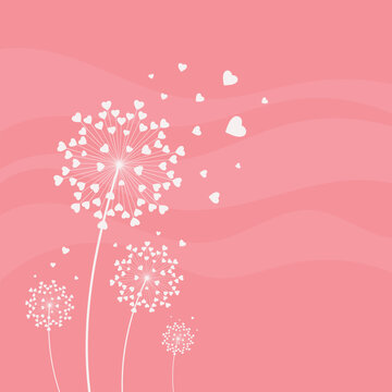 Dandelion with hearts. Happy Valentine's day greeting card. Lovely romance flower. Congratulation with Love. Valentine's day Vector illustration background