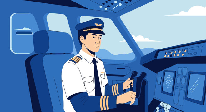 Pilot in Airplane Cockpit Flying Aircraft, Professional Aviation Career