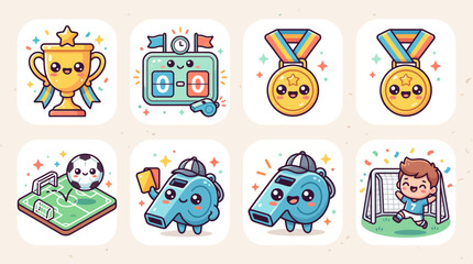 Obraz premium Cute soccer championship icon set kawaii football tournament elements vector