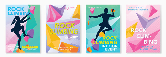 Naklejka premium Rock climbing poster vector set. Colorful indoor sport event flyers with silhouette climbers, abstract geometric holds and modern gradient backgrounds.