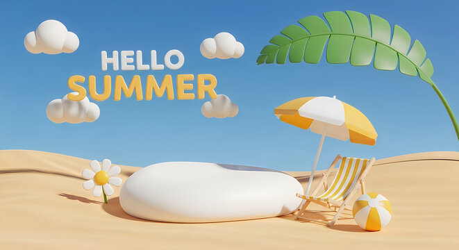 Hello summer tropical beach concept with palm leaf umbrella chair and sunny blue sky for product display backdrop, tropical hol