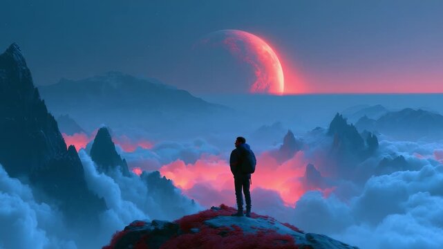 A solitary figure stands atop a rocky outcrop, gazing into a vividly surreal landscape filled with vibrant clouds and a colossal planet looming in the twilight sky.