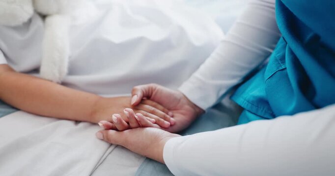 Comfort, holding hands or nurse with child in hospital for healthcare, empathy or trust for wellness. Support, people or pediatric medical professional with sick kid, console or compassion in nursing