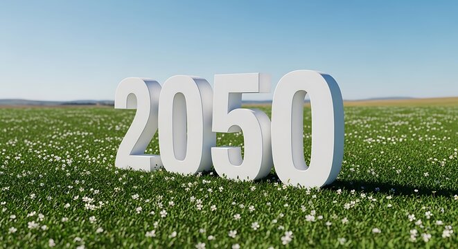 Large white 2050 numerals in a green flower field under blue sky