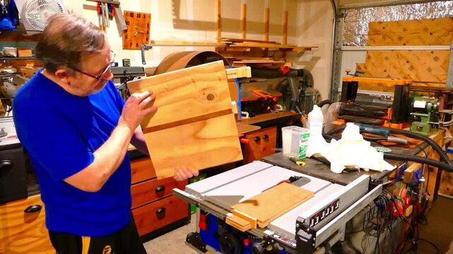 Indoor static medium shot captures a male woodworker checking the fit and movement of a blue aluminum fence track mounted onto a custom birch plywood crosscut sled jig over a table saw in a garage.