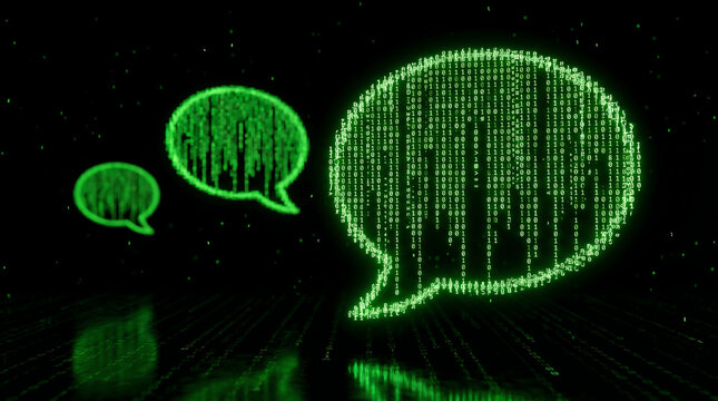 Binary Code Speech Bubbles Representing Digital AI Communication and Machine Language Conversation for Technology and Chatbot Concepts
