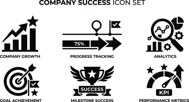 Company success icon set, business growth and progress tracking symbols, analytics and KPI performance metrics vector collection for corporate reports