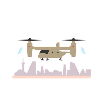 Electric VTOL Aircraft Hovering Over Futuristic City at Dawn