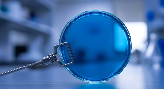 Blue gelatinous medium in a petri dish held by a metal clamp