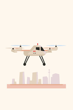 Electric VTOL Aircraft Hovering Over Futuristic City at Dawn