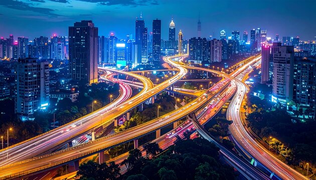 Vibrant Urban Highway Interchange Glowing at Night in Modern City Skyline