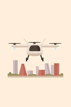 Electric VTOL Aircraft Hovering Over Futuristic City at Dawn