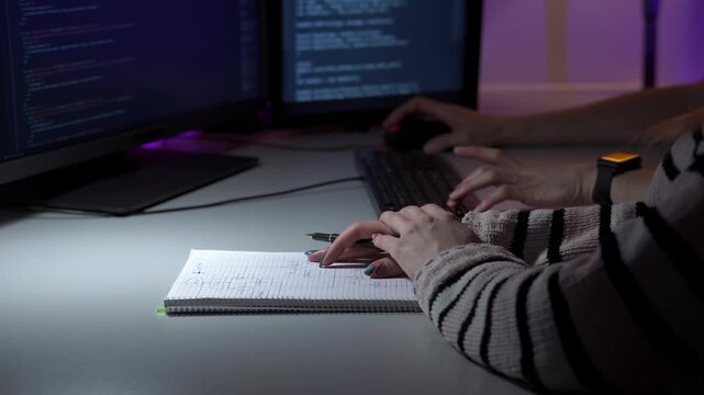 Programmers brainstorming over notebook and monitors, ideation for user interface and feature flow, hands sketching concepts and discussing prototypes with ambient neon and warm lamp contrast.