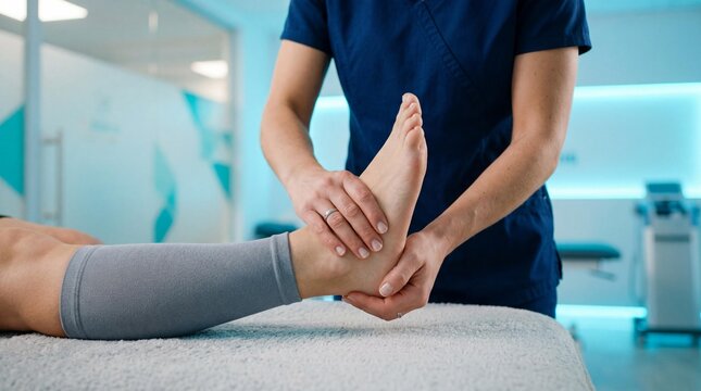 Physical therapist giving a foot massage to a patient on a medical bed in a clinic
