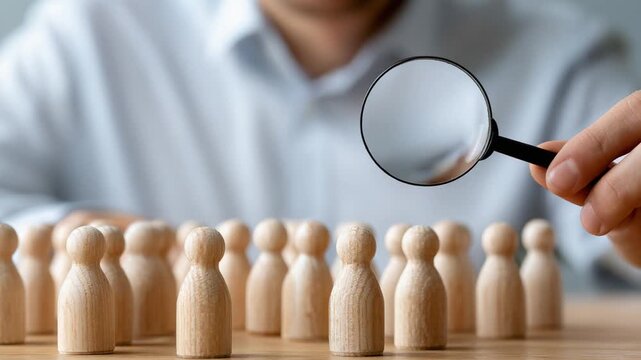 A focused examination of wooden figures, symbolizing selection and analysis, where an individual scrutinizes a group through a magnifying glass, revealing insights into observation processes.