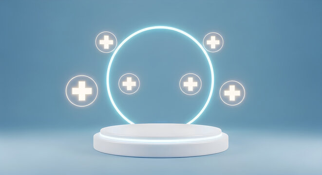 Minimalist blue product display podium with glowing circular frame and medical cross signs pharmacy platform healthcare