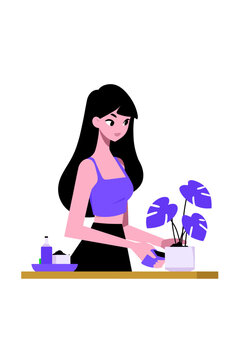 Woman Checking Smart Plant Pot Sensor with Green LED Indicator