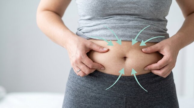 Woman holding skin on abdomen with arrows pointing inward. Weight loss and body fat reduction concept. Healthy lifestyle, fitness motivation, and metabolism management healthcare visual.