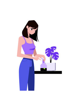 Woman Checking Smart Plant Pot Sensor with Green LED Indicator